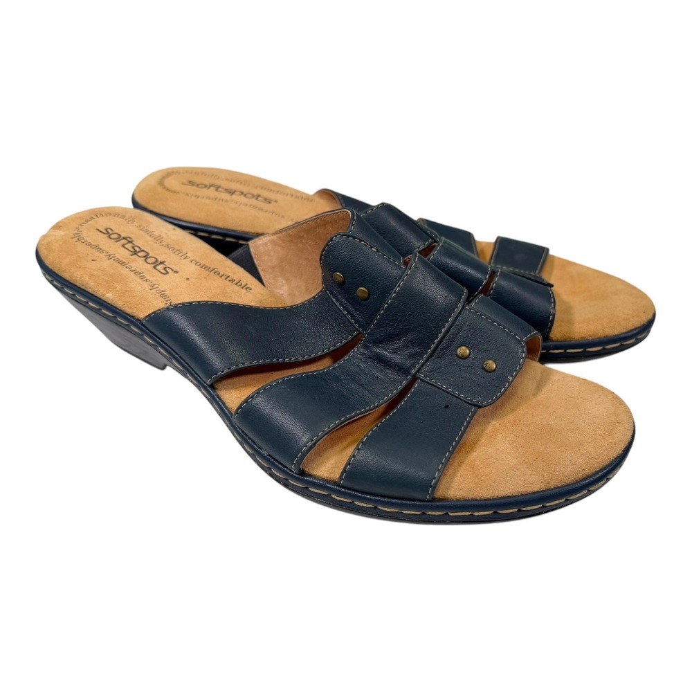 Softspots 10M Navy Blue Leather Wedge Slide Sandals Studded Strappy Comfort